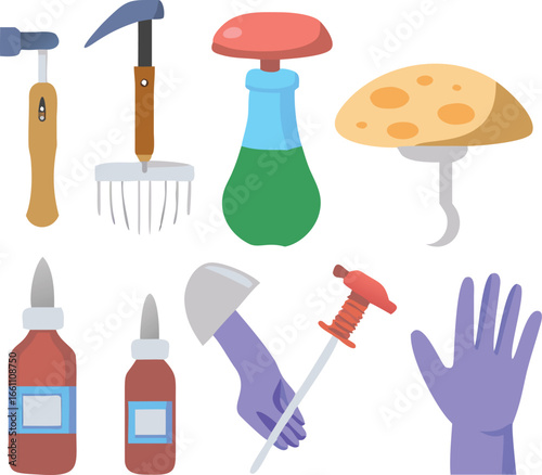 Flat icon bundle of mushroom cultivation tools.