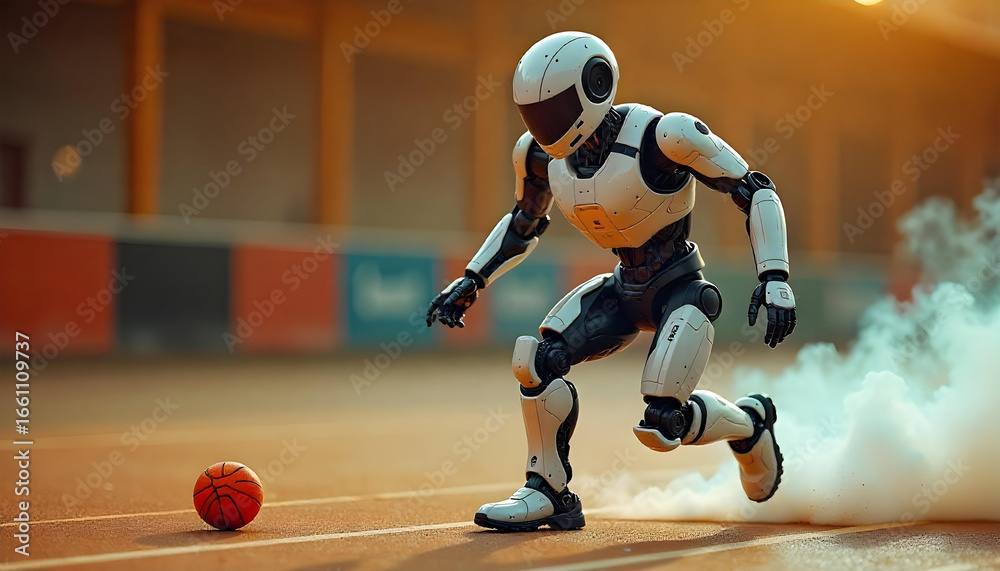 Fototapeta premium Humanoid robot running playing football isolated on white background