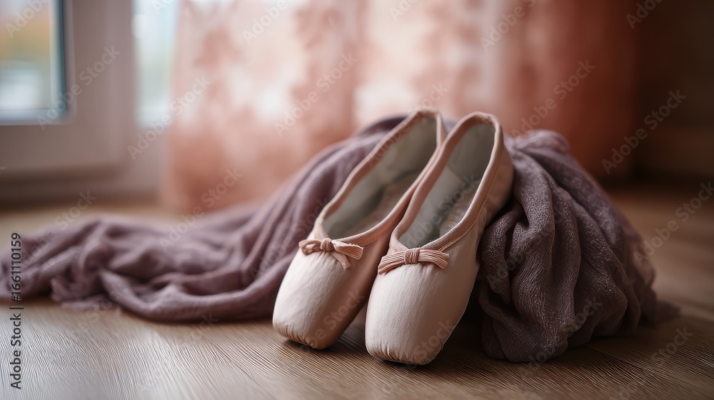 Ballet shoes resting on a wooden floor with soft fabric nearby, evoking grace and quiet preparation. Ballet shoes resting on a wooden floor with soft fabric nearby, evoking grace and quiet preparation.