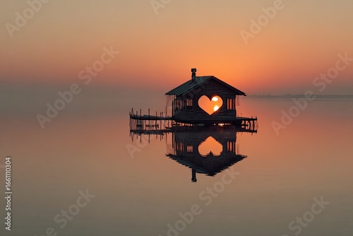 Wooden cabin on a lake, heart-shaped window, sunrise reflection