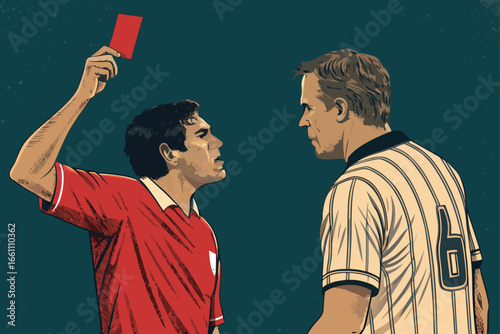 Referee showing red card to player during heated soccer match, intense emotion, passionate crowd cheering.