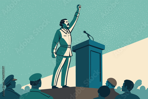 Inspiring revolutionary leader, powerful orator, raising fist, determined gaze, speaking to passionate crowd, historical moment, podium, speech, rousing address, impactful.