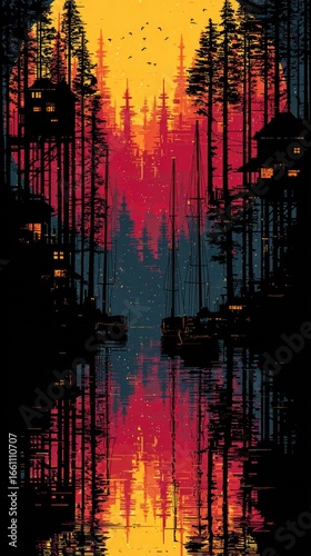 Wallpaper Mural Pixel art forest scene with mirrored lake, vibrant sunset Torontodigital.ca