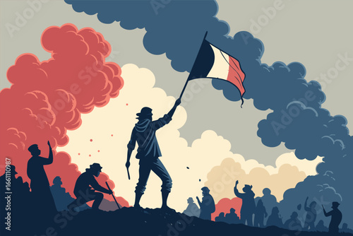 Dynamic revolutionary scene, chaotic smoke, vibrant flares, street protest, defiance, resistance, urban upheaval, symbolic struggle, impactful visuals, flat design aesthetic.