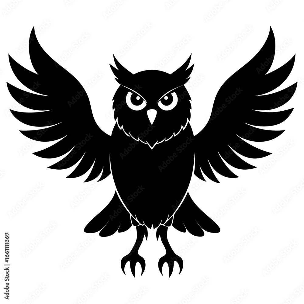 Obraz premium Black silhouette of a flying owl isolated on white background