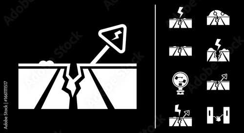 A set of monochrome icons illustrating road hazards, cracks, and earthquake damage with warning signs.