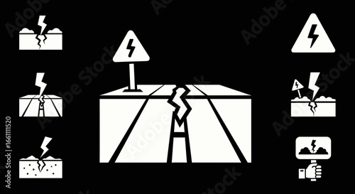 Illustrations depicting the destructive effects of earthquakes on roads and the ground, with warning signs indicating danger.
