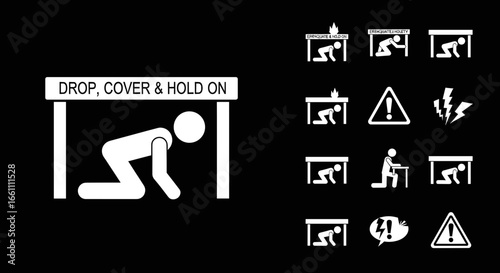 Earthquake safety instructions: Drop, cover, and hold on under a table during an earthquake.