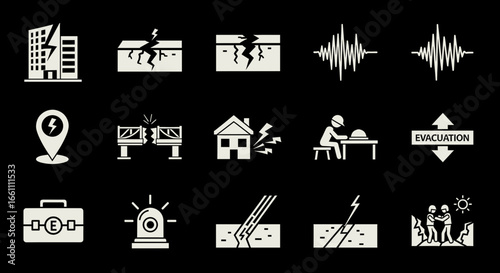 Illustrative depiction of earthquake effects, including building damage, ground fissures, and evacuation procedures.