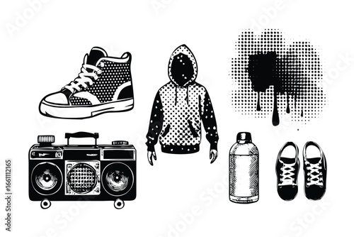 Urban Street Culture Halftone Graphic Set. Vector Streetwear and Graffiti Elements