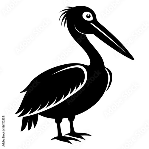 Black silhouette of a pelican standing isolated on white background silhouette