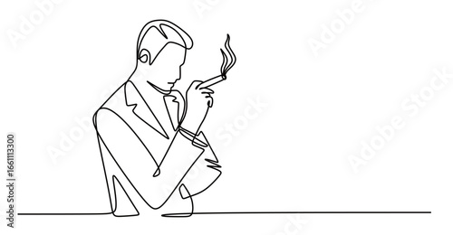 Continuous line art of a man smoking. The concept of calming down and finding ideas. Taking a break outside of work hours.