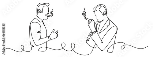 Continuous line art of two men smoking while talking. The concept of calming down and finding ideas. Taking a break outside of work hours.