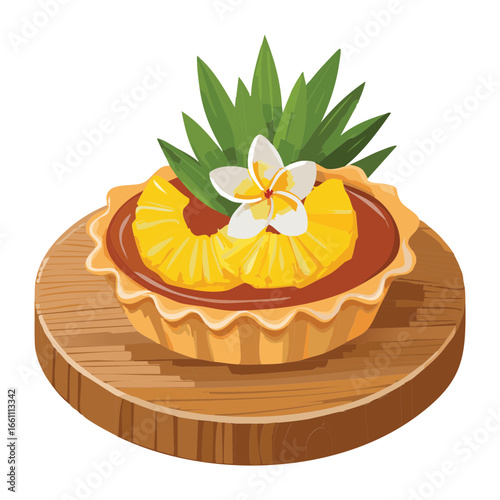 Sweet Pineapple Tart with Pineapple Slices and Plumeria Flowers - Vector Illustration