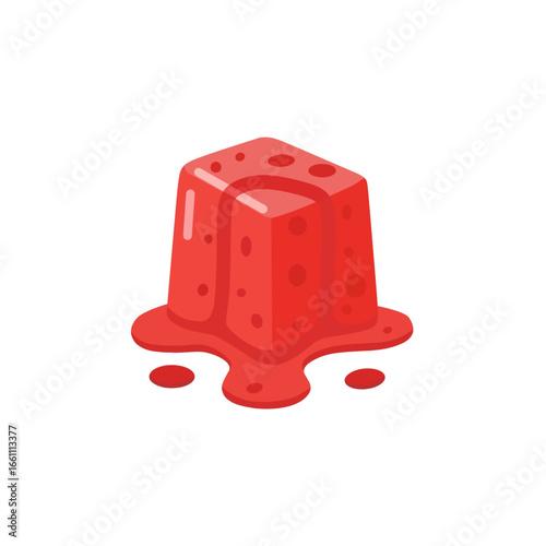 Red gelatin dessert illustration, melting jelly, sweet food, isolated on white