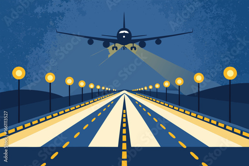 Runway lights blaze, guiding a powerful jet preparing for takeoff, a nocturnal aviation spectacle.