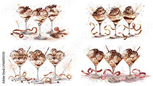 Watercolor illustration of chocolate martini desserts with cream, syrup, and festive ribbons. Perfect for café branding, holiday cards, menu designs, or elegant dessert promotions.