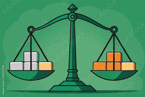 A perfectly balanced scale tipped precariously by a massive, dark gray tax block, illustrating economic inequality.