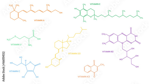 Vector set of 7 common vitamin molecule structures including Vitamin A, E, U, C, D3, K3 and B2. Perfect for education, chemistry, biology, nutrition, science and medical illustration themes