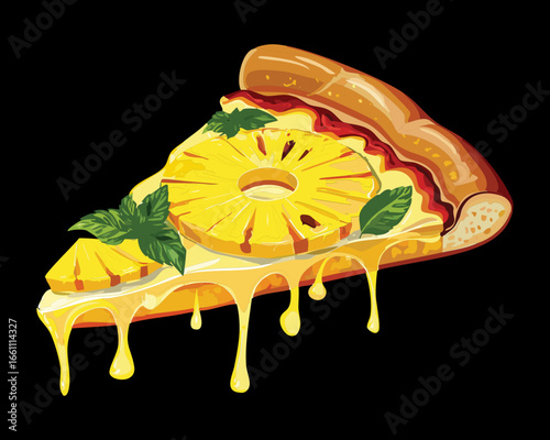 Freshly Baked Hawaiian Pizza with Herbs and Cheese - Vector Illustration