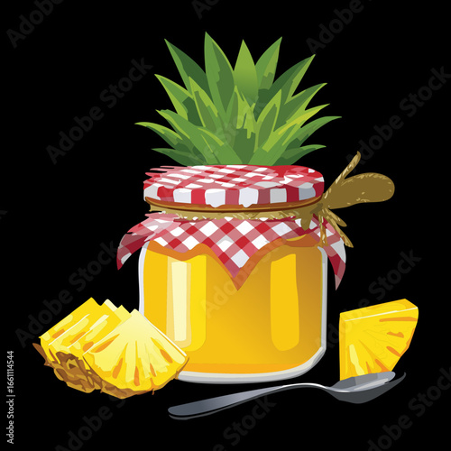 Pineapple Jam in a Jar with a Spoon and Slices - Vector Illustration

