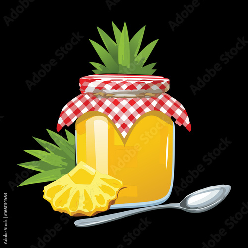 Pineapple Jam in a Jar with a Spoon and Slices - Vector Illustration