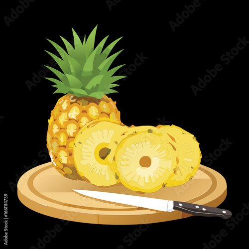A whole pineapple with a few slices cut on a wooden cutting board, ready to be enjoyed as a tropical fruit snack - Vector Illustration