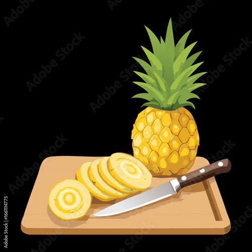  A Pineapple with Slices and a Knife on a Cutting Board - Vector Illustration