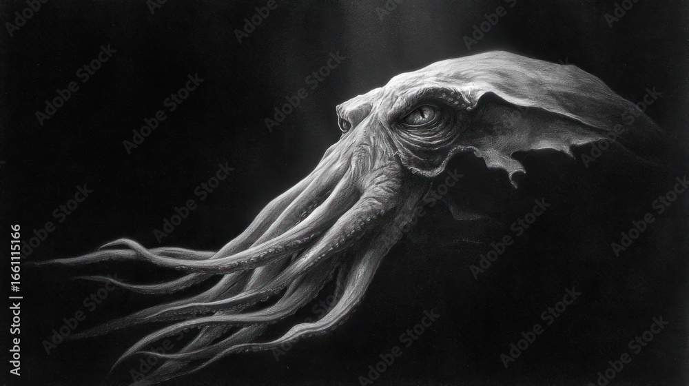 Naklejka premium Sinister creature, tentacles flowing, swims in the dark abyss. Monochrome illustration