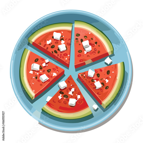 Watermelon Pizza with Feta Cheese and Mint on a Round Plate - Vector Illustration