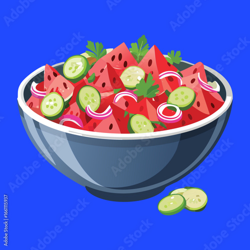 Healthy and Delicious Watermelon Cucumber Salad with Mint - Vector Illustration