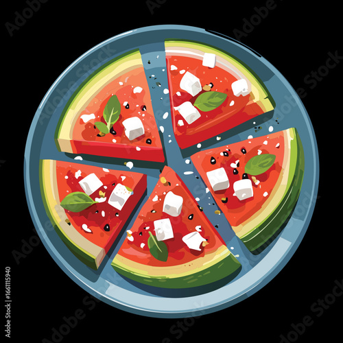 Dessert Pizza Made from Fresh Watermelon with Toppings - Vector Illustration