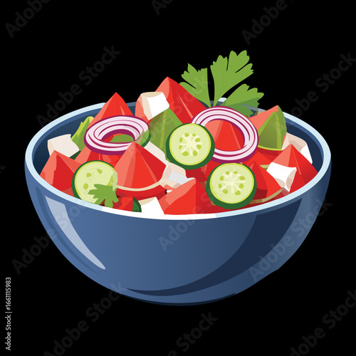 Refreshing Watermelon Salad with Red Onion, Cucumber and Herbs - Vector Illustration