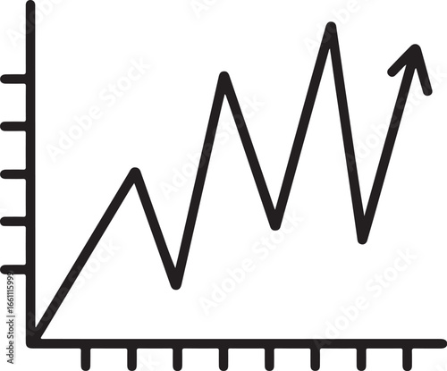 Hand drawn black line graph showing upward trend with fluctuations and an arrow