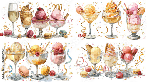 Colorful watercolor illustration of ice cream desserts, macarons, and sparkling drinks. Great for bakery branding, party invitations, dessert packaging, or summer celebration designs.
