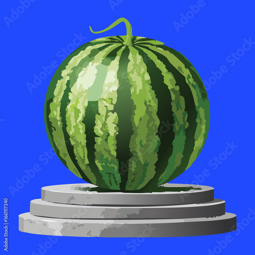 Whole Watermelon on a Pedestal with a Blue Background - Vector Illustration

