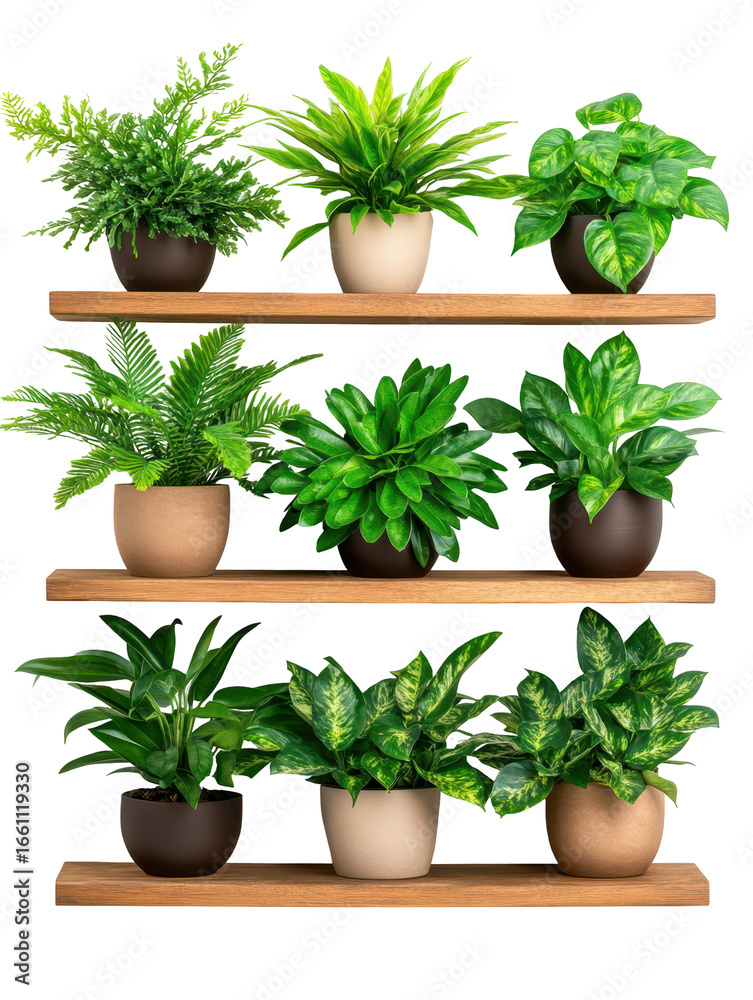 Fototapeta premium assortment of potted plants on wooden shelves, ideal for home decor and interiors.