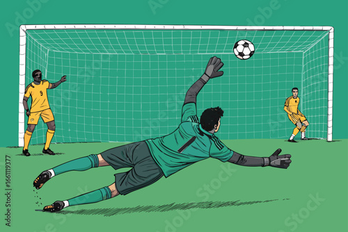 Intense soccer penalty shootout, goalkeeper dives, ball mid-air, stadium lights, crowd cheers.