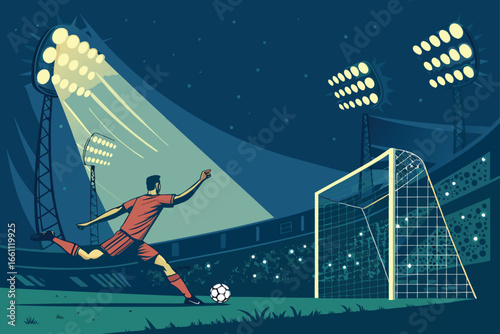 Intense soccer striker powerfully striking ball towards a goal, capturing a moment of athletic prowess.
