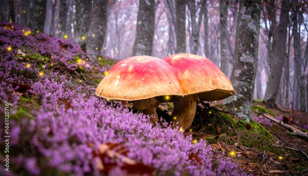 Fototapeta premium fantasy forest with giant colorful mushrooms, glowing fireflies, and soft pastel ligh
