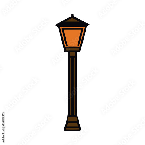 Classic ornate gas street lamp with warm orange light illumination detailed design white background