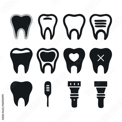 Collection of dental icons featuring healthy and damaged teeth dental tools and symbols for dentistry branding white background
