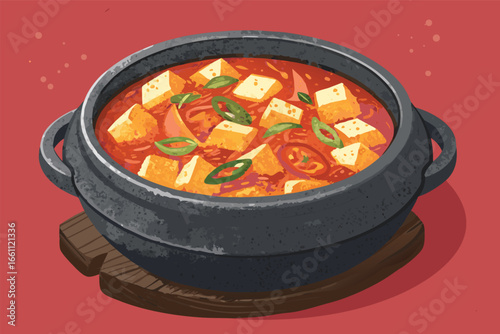 A steaming, bubbling, vibrant red Korean kimchi jjigae, rich with pork, tofu, and vegetables, served hot in a rustic stone pot, invitingly presented.