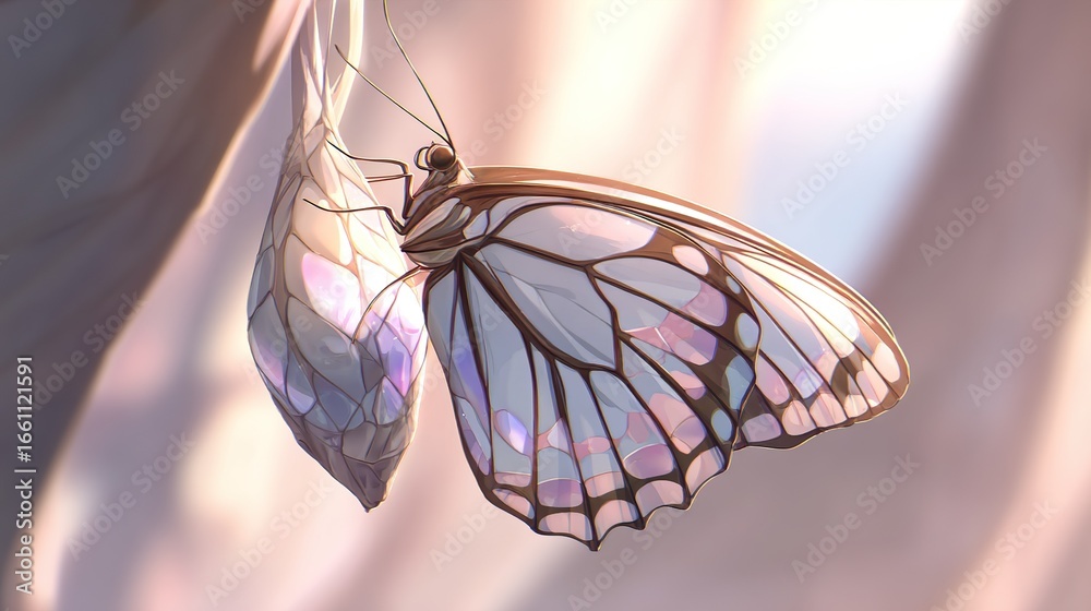 Butterfly and chrysalis illustration with detailed wings and soft colors Butterfly and chrysalis illustration with detailed wings and soft colors
