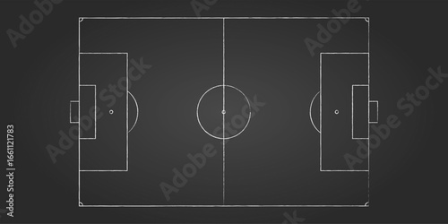 Top view of football field with white markings on dark background. Minimal realistic soccer pitch layout for match, strategy, coaching or championship. Ideal for sport tactics design.