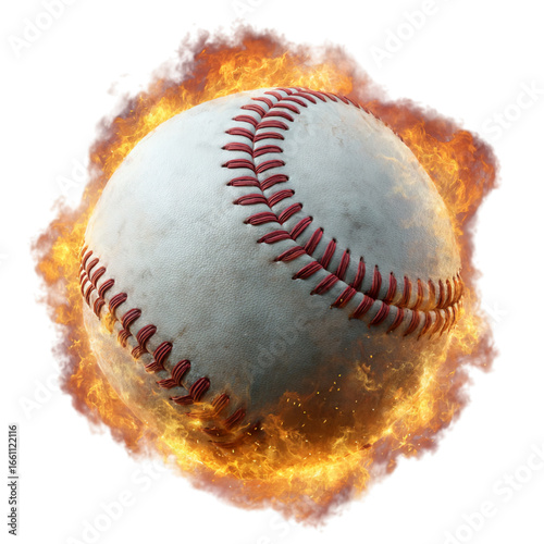 Photo of baseball engulfed in flames isolated on transparent background is burning hot