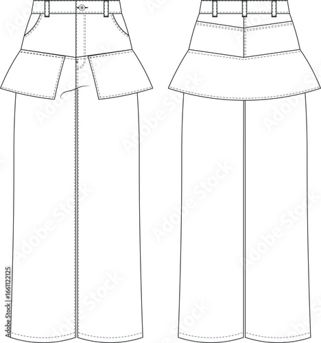 mid high rise waist zippered Peplum fringed wide leg denim jean pant trouser template technical drawing flat sketch cad mockup fashion woman design style model 
