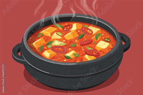 Savor the fiery depths of bubbling Korean kimchi jjigae, a comforting stew simmered in a rustic stone pot, showcasing vibrant ingredients and steamy goodness.