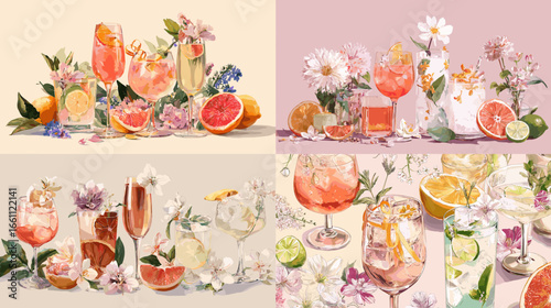 Stylish floral cocktail watercolor illustration featuring citrus, blossoms, and elegant glassware. Perfect for bar menus, summer parties, or luxury drink packaging and design.