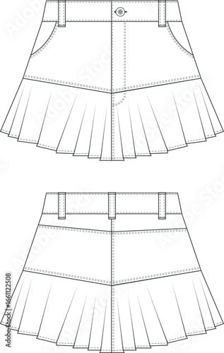 mid high rise wist pleated jean denim mini short a line skirt template technical drawing flat sketch cad mockup fashion woman design style model 
